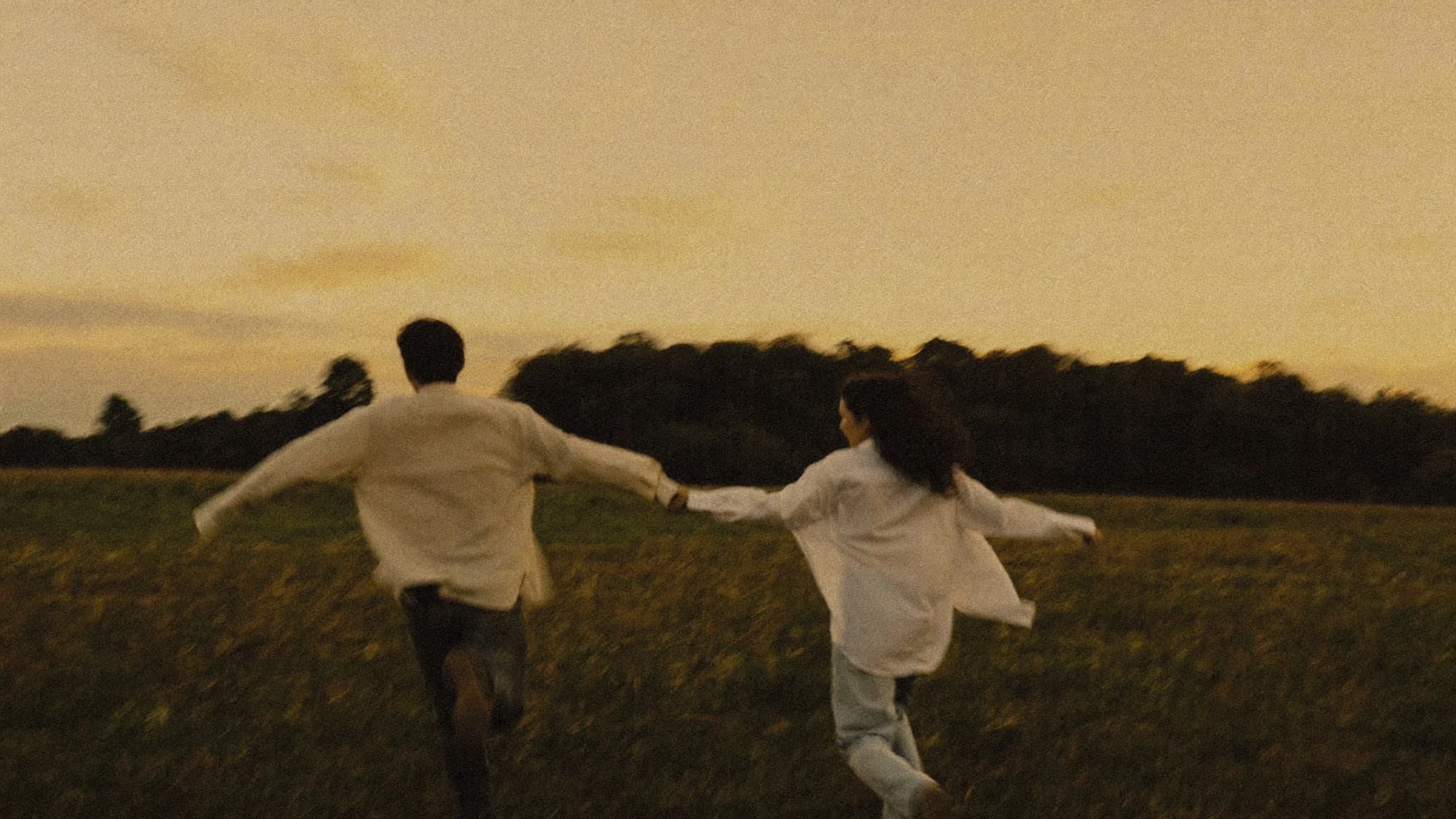 A couple running hand in hand through a field at dusk